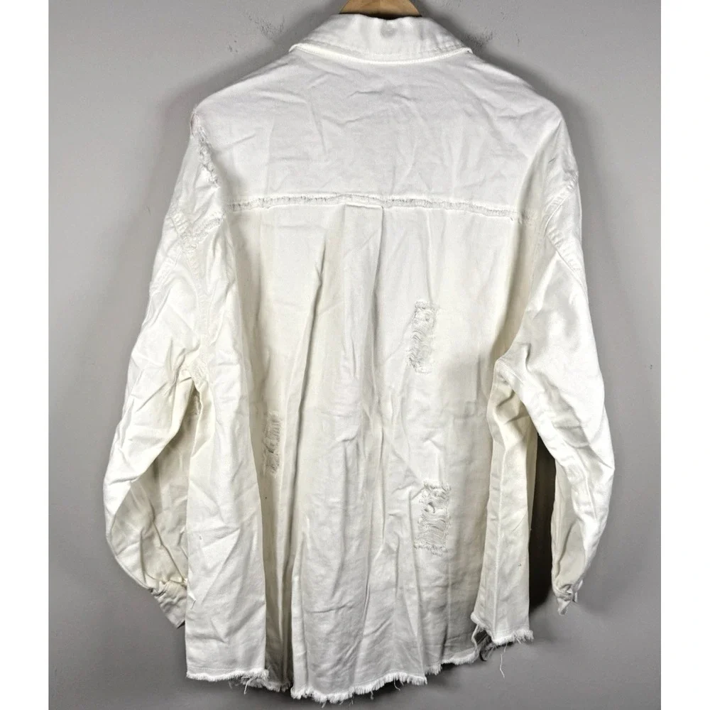 Y2K Distressed White Denim Jacket Long Sleeve Button Casual Womens‎ 3XL NEW